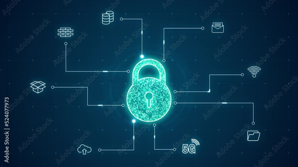 Poster motion graphic of blue security key with line connection and data transfer to futuristic icon techno