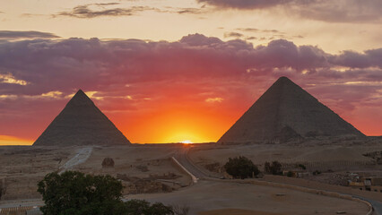 Fototapeta na wymiar Sunset at the Pyramids of Giza, Egypt.