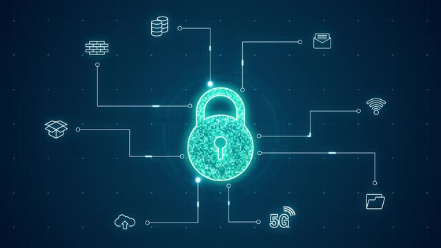 Motion graphic of Blue security key with line connection and data transfer to futuristic icon technology abstract background network security concept