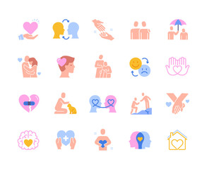Empathy colorful icon set. Bright badges with mental health, psychotherapy, support and help of friends and good mood. Design for apps. Cartoon flat vector collection isolated on white background