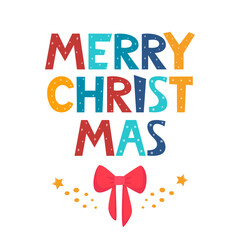 Merry Christmas text decorated with hand drawn bow and stars. Greeting card design element. Vector typography.