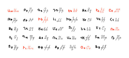 Armenian alphabet. Correspondence of printed and handwritten, uppercase and lowercase letters of the Armenian alphabet. Vowel letters are highlighted in red. Illustration for language courses