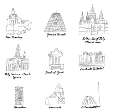 Armenia icons set. Famous architectural sights of Armenia are painted in doodle style.Texture for language courses, sports pages, travel, school, geographic, design element. country symbols
