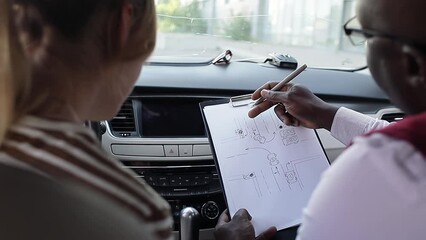 Driving school concept video. A car instructor teaches a young woman how to drive. Teaching the rules of the road and driving a vehicle