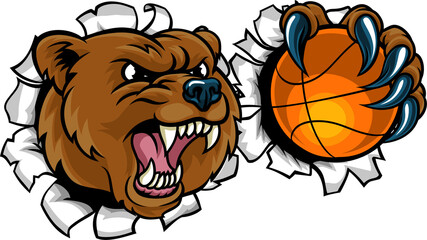 Naklejka premium Bear Holding Basketball Ball Breaking Background