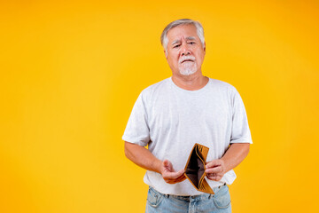 no money in wallet ,unemployed Asian old man opening empty wallet money broke cash, bankruptcy...