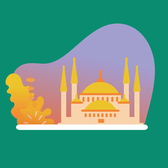 Simple Vector illustration drawing of a beautiful big mosque with 4 pillars and two domes. explore the mosque concept. Modern design vector illustration