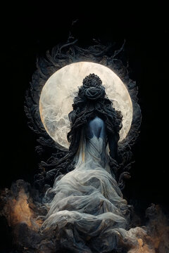 Amazing digital drawing of a woman standing front of the moon.
