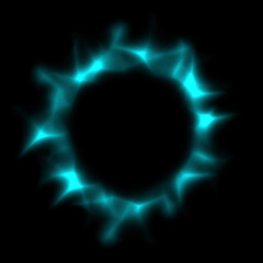 light blue flame effect circle round  abstract black background orb