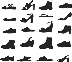  Shoes men's women's footwear different types trendy casual stylish formal shoes isolated Vector Silhouettes