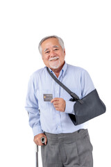 asian elderly man with hat broken arm wear arm splint for treatment and smiling and holding credit card for confident lifestyle, Old elderly male payment credit card medical care.