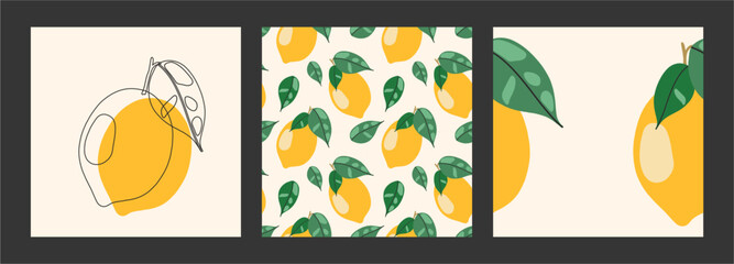 Set of cards and seamless patterns with lemons. Flat minimalist paper cut style. Bright summer background. Collage modern fabric, wallpaper, cover, interior art print.