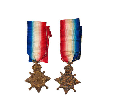 The 1914 (aka the Mons Star) and the 1914-15 Star, British campaign medals from World War I. The 1914 Star was awarded to members of the British Expeditionary Force (The old Contemptibles).


