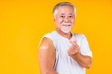 old man showing arm with plaster fully vaccinated or booster vaccinated able to travel to various...