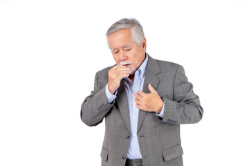 business asian elderly men wearing suit health problems, Old man Cough and chest pain.