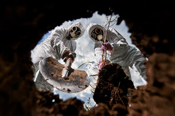 Post apocalypse - people in gas masks using shovel for reforesting soil with seedling after...