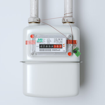 Household gas meter close up on the background of the wall.3D render