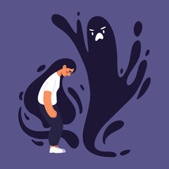 Young woman having mental problems. Depression, anxiety concept. Despaired feamle character suffering from psychology issues, sorrow, sadness, grief, panic attack vector illustration