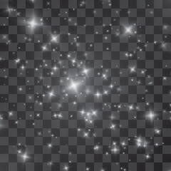 Fototapeta premium Dust white. White sparks and golden stars shine with special light. Vector sparkles on a transparent background. Christmas abstract pattern. Sparkling magical dust particles.