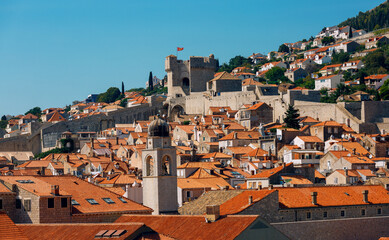 Old Town of Dubrovnik, red tiled roofs and Blue sky, view from the ancient city wall. The world famous and most visited historic city of Croatia, UNESCO World Heritage site