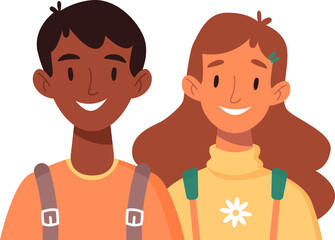 Happy smiling girl and boy classmates. Smiling kids portrait. Children with backpacks. Primary school students back to class. Flat cartoon vector illustration. Friendship concept