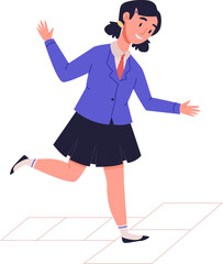 Girl in school uniform play hopscotch in yard outside. Kids activities and sport in their free time. Leisure time after classes. Happy pupil playing and jumping