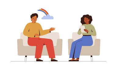 Female psychotherapist has an Individual session with her male patient and sees positive results. Happy man sits on the sofa and excitedly tells something to his counselor.Talk therapy concept. Vector - 524084562