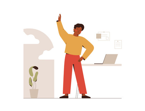 Black Man stretching and enjoyes break from job. Male Employee doing exercises during work day. Sport activities on the workplace concept. Vector illustration