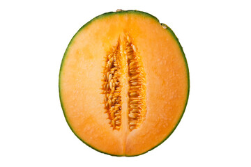 Cross section half cut of the Hokkaido Melon with isolated white background