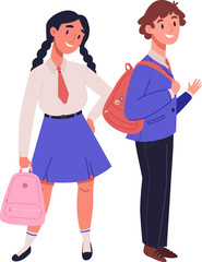 Happy boywaving his hand and girl in school uniform. New classmate. Back to school concept. Pupil standing with backpack. Back to school concept. Friendship of classmates