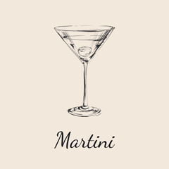 Sketch Martini Cocktails with Olives Vector Hand Drawn Illustration. Martini Happy Hour. Vodka