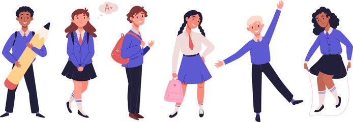 Happy children in school uniform with backpacks in class. Boys and girls multiethnic classmates go back to school. Kids playing, standing in different poses set. Cartoon vector illustration collection