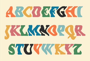 A funky, 1960s psychedelic boho style funky floating groovy typeface. Ideal for posters, collages, clothing, music albums and more.