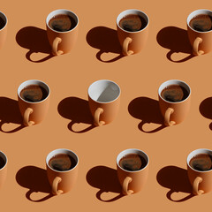 Seamless pattern of mugs full of coffee and one empty mug with hard shadows on brown background