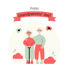 Happy Grandparents Day Greeting Card. Elderly couple embracing with love. Vector Illustration for card, postcard, poster, banner..