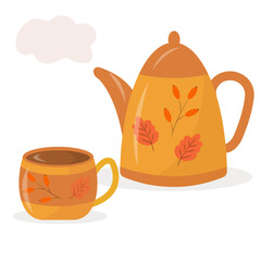 A teapot and a cup of tea on a light background with yellow leaves and berries, cozy autumn	
