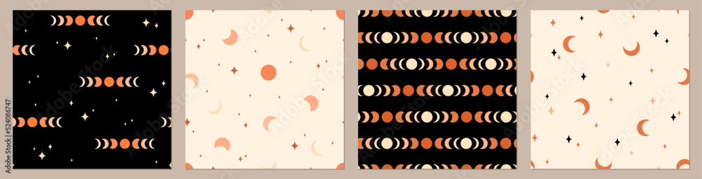 Sticker сollection of moon patterns. bohemian set. vector backgrounds. trendy texture for print, textile, fa