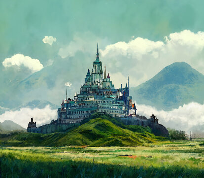 Classical Castle on the Meadow. The Sky is Full of Clouds and the Green Grass is like Shade. Artwork Background. Book Illustration. Video Game Scene. Serious Digital Painting. CG Artwork Background.
