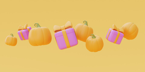 Happy Halloween with Jack-o-Lantern pumpkins and gift boxes floating on yellow background, traditional october holiday, 3d rendering.