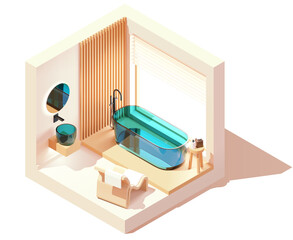 Vector isometric modern bathroom. White bathroom with wooden elements, transparent glass bathtub and washbasin, large window, armchair. Minimalist modern interior