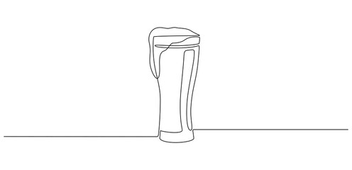 Continuous one line drawing of beer glass with foam. Craft drink alcohol ale in simple linear style for bar and pub concept for menu. Oktoberfest equipment. Editable stroke. Doodle Vector illustration