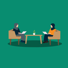 Modern Vector illustration drawing of Young two Asian Muslim women relaxing using laptop computer working and video conference meeting online chat at office. Modern design vector illustration