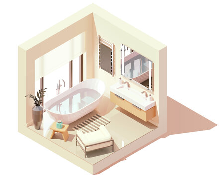 Vector isometric modern bathroom. White bathroom with wooden furniture, white bathtub and double washbasin, large window. Minimalist modern interior