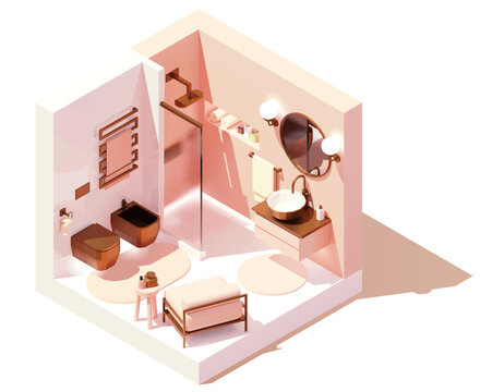Vector isometric modern bathroom. Pink and white bathroom with bronze or copper elements, shower cabin and washbasin, armchair. Modern interior