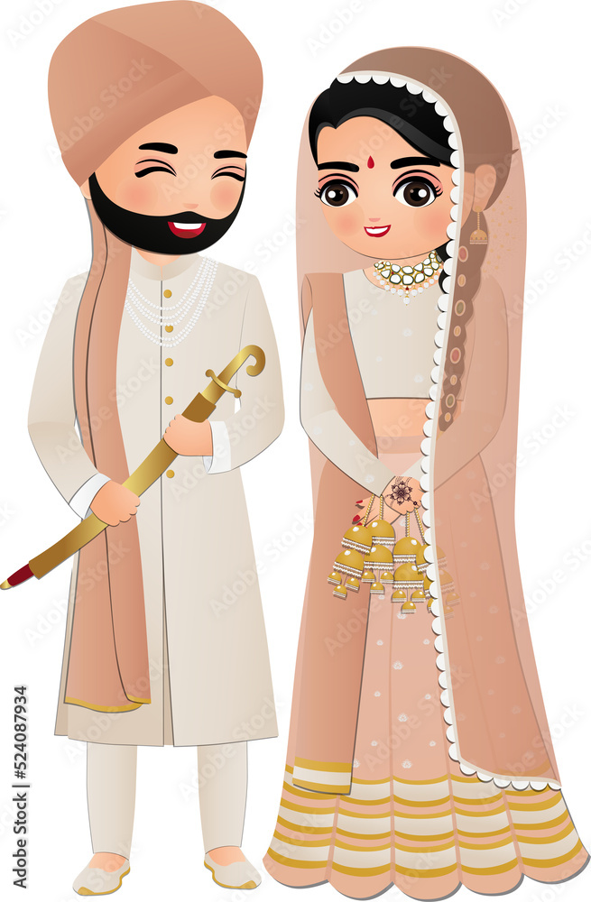 Wall mural Bride and groom cute couple in traditional indian dress cartoon character