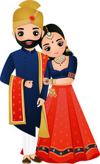Bride and groom cute couple in traditional indian dress cartoon character