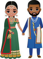 Bride and groom cute couple in traditional indian dress cartoon character