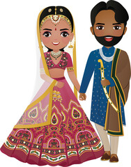 Bride and groom cute couple in traditional indian dress cartoon character
