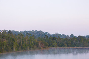 Beautiful nature and fog on the reservoir in Khao Yai National Park Thailand.Selective focus