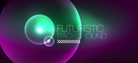 Shiny neon geometric abstract background. Glowing lights on round shapes, triangles and circles. Wallpaper for concept of AI technology, blockchain, communication, 5G, science, business